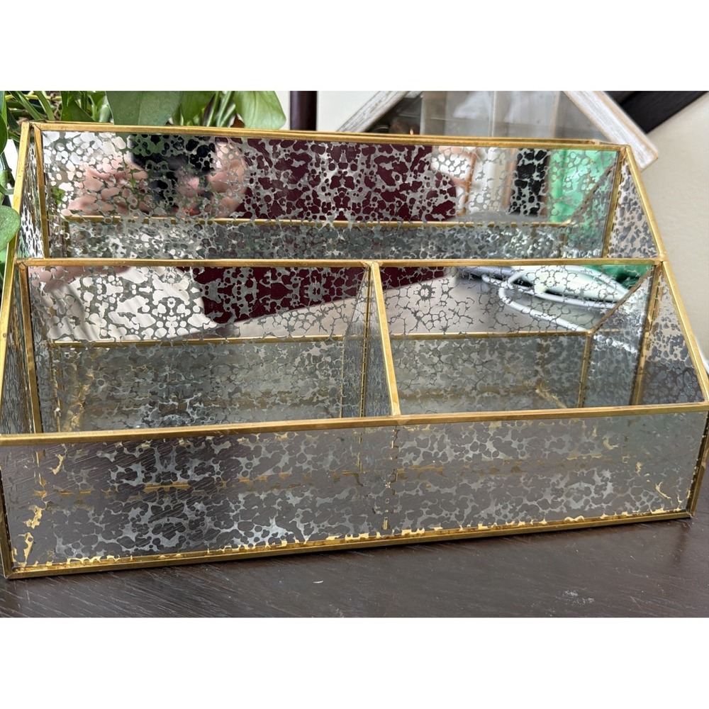 Vintage Tahari Home Mercury Glass & Brass  Organizer 12"x5.5"x6.5"
